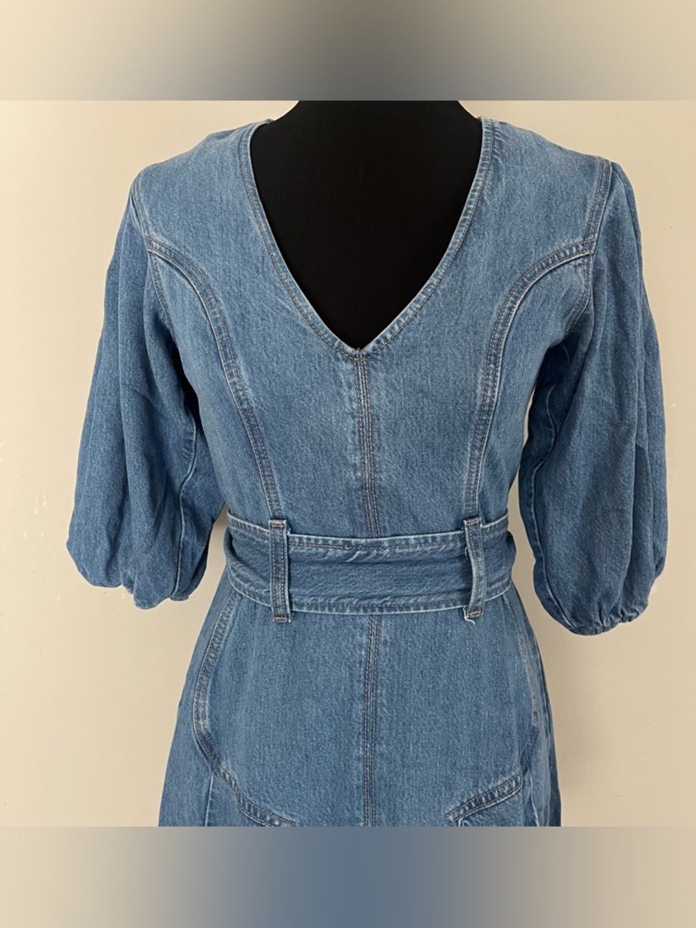 7 For All Mankind denim mini dress V-neckline voluminous puff lantern sleeve - Picture 3 of 11